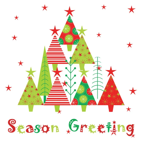 Christmas illüstrasyon kırmızı ve yeşil Xmas ağacı ve yıldızlar Noel tebrik kartı, duvar kağıdı ve kartpostal için uygun