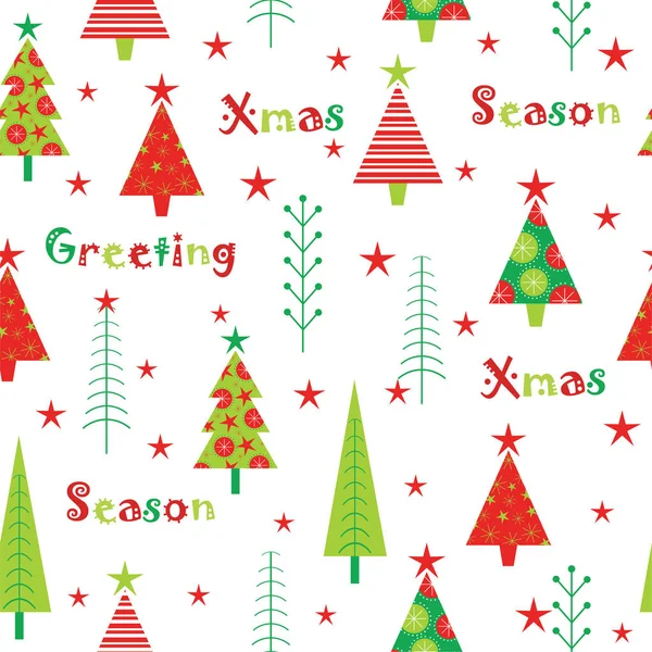 Bezešvé pozadí vánoční obrázek s červenými a zelenými vánoční strom na bílém pozadí vhodné pro tapety, pohlednice a výmět papíru — Stockový vektor