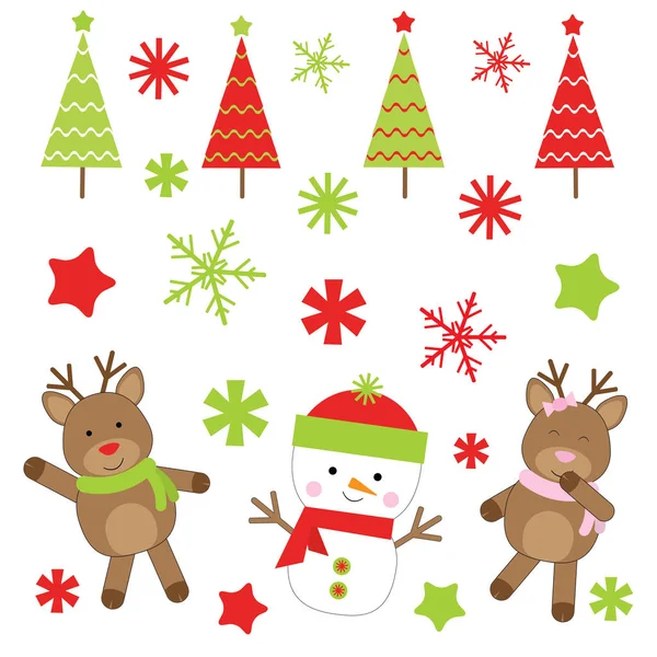 Illustrazione di Natale con simpatico pupazzo di neve, cervo e albero di Natale adatto ai bambini — Vettoriale Stock