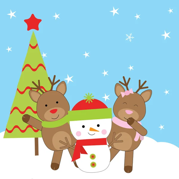 Різдвяна ілюстрація з милим сніговиком, оленям та ялинкою підходить для дитячих запрошень, шпалер та листівок — стоковий вектор