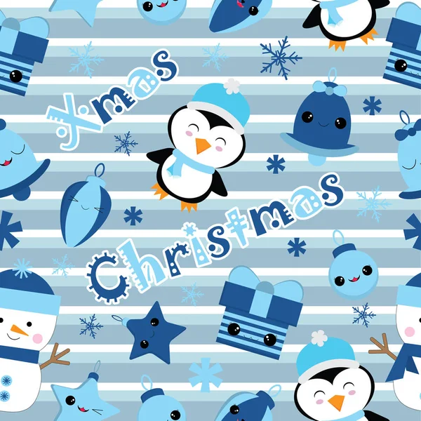 Bezešvé pozadí vánoční obrázek s roztomilý tučňák, bell, dar a hvězdou na proužky pozadí vhodné pro děti Vánoce tapety, útržek papíru a pohlednice — Stockový vektor