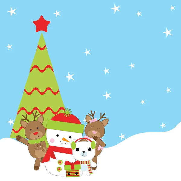 Illustrazione natalizia con simpatico pupazzo di neve, orso, cervo e albero di Natale adatto per i bambini Biglietto d'auguri natalizio, cartolina e biglietto d'invito — Vettoriale Stock