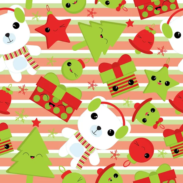 Bezešvé pozadí vánoční obrázek s roztomilý medvěd, bell, dar, hvězda a vánoční strom na proužky pozadí vhodné pro děti Vánoce tapety, útržek papíru a pohlednice — Stockový vektor