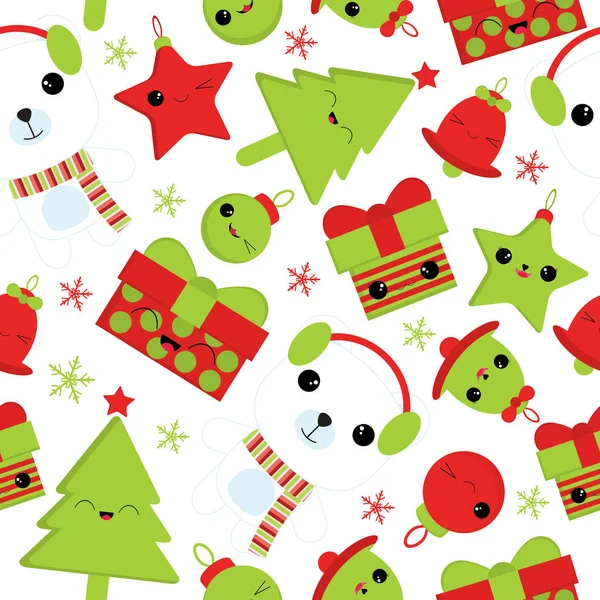 クリスマス イラストかわいいクマ、ベル、ギフト、スター、子供クリスマス壁紙、メモ用紙、はがきに適してクリスマス ツリーとのシームレスな背景 — ストックベクタ