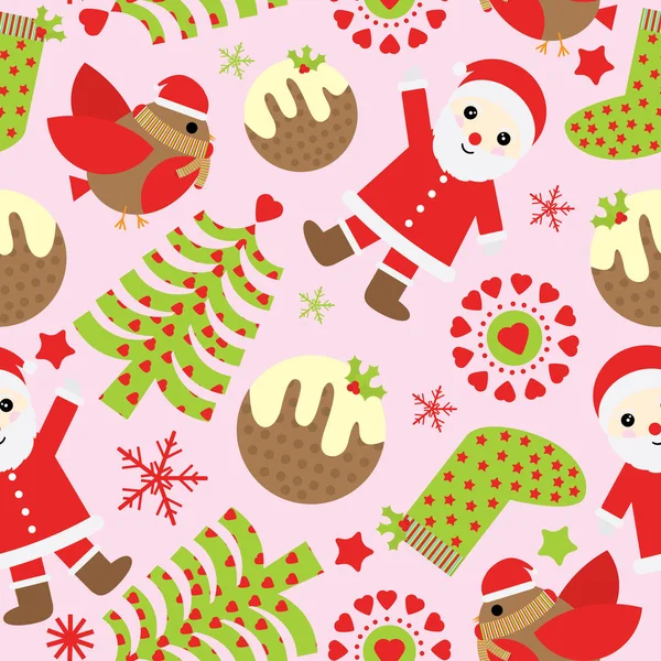 クリスマス イラストかわいいサンタ クロース、鳥、クリスマス飾りクリスマス紙、壁紙、およびはがきに適したピンクの背景とのシームレスな背景 — ストックベクタ