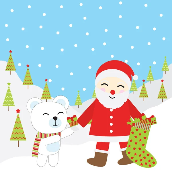 Рождественская иллюстрация с милым Санта-Клаусом и медведем подходит для Рождественских открыток, обоев и открыток — стоковый вектор