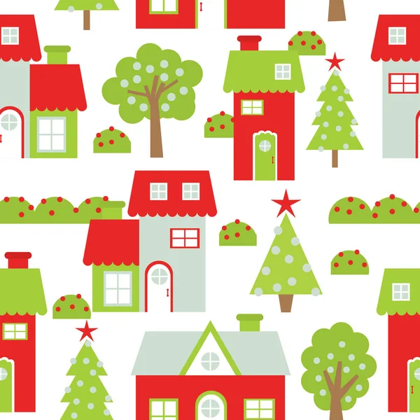 カラフルな家とクリスマス ツリー壁紙、ポストカード、メモ用紙に適してクリスマス イラストのシームレス背景 — ストックベクタ