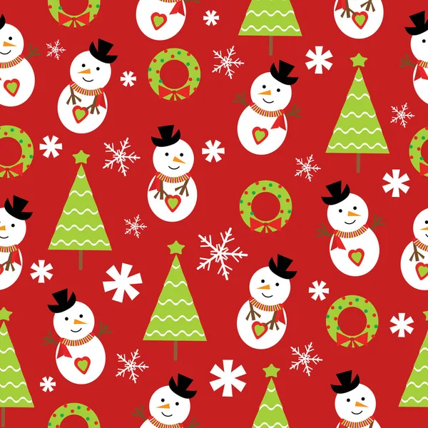 Bezešvé pozadí vánoční obrázek s hezký sněhulák a vánoční strom na červeném pozadí vhodné pro tapety, pohlednice a výmět papíru — Stockový vektor