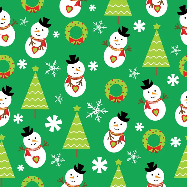 クリスマス イラストかわいい雪だるまとクリスマス ツリー壁紙、ポストカード、メモ用紙に適した緑の背景とのシームレスな背景 — ストックベクタ