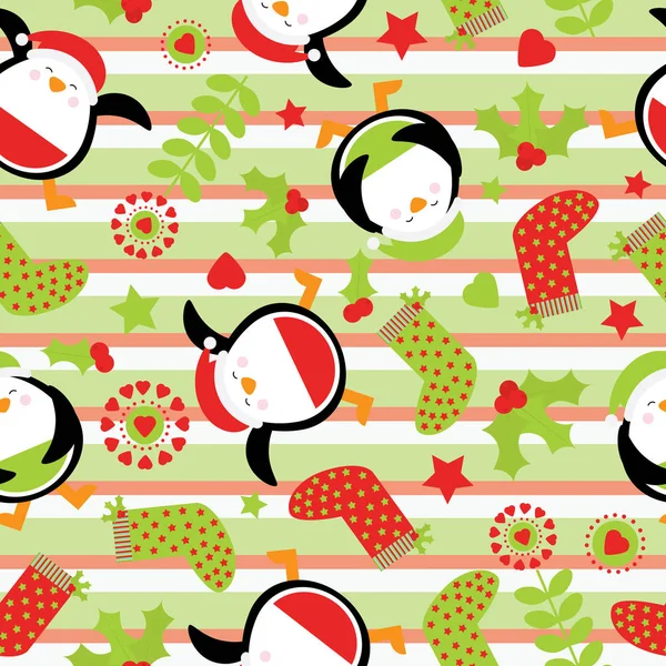 クリスマス イラストかわいいペンギンとストライプ状背景クリスマス スクラップ紙、壁紙、およびはがきに適した靴下のシームレス背景 — ストックベクタ