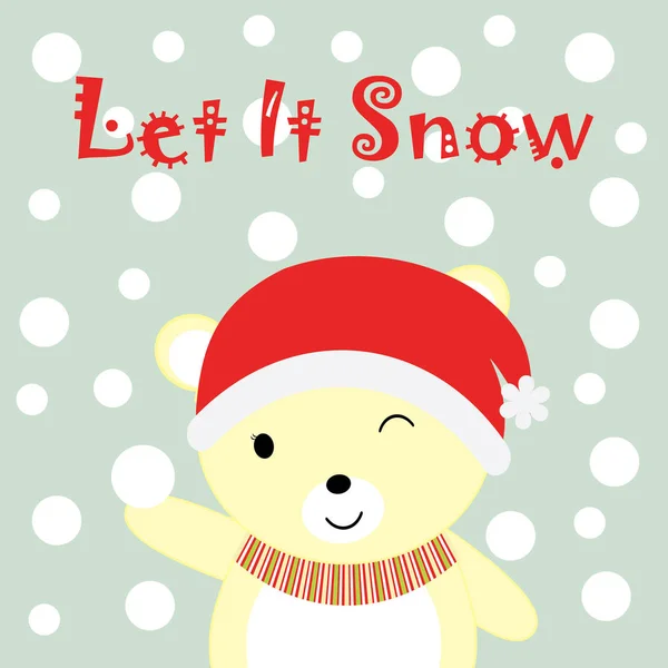 Рождественская иллюстрация с милым медвежонком и снегом подходит для Рождественских открыток, обоев и открыток — стоковый вектор