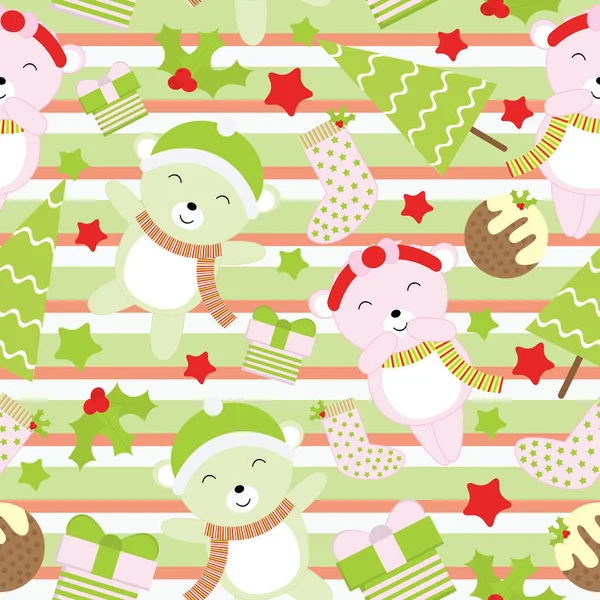 かわいい赤ちゃんクマとストライプ状背景壁紙、メモ用紙やはがきに適してのクリスマス ツリー クリスマス イラストのシームレス背景 — ストックベクタ