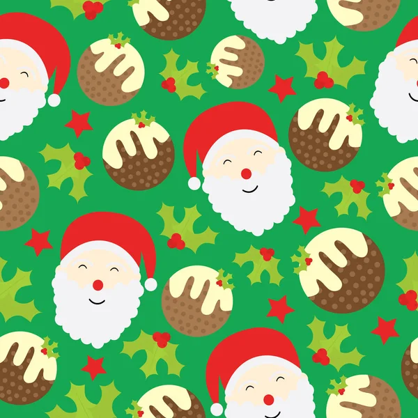 クリスマス イラストかわいいサンタ クロースとクリスマス ケーキ クリスマス子供壁紙、メモ用紙やはがきに適した緑の背景とのシームレスな背景 — ストックベクタ