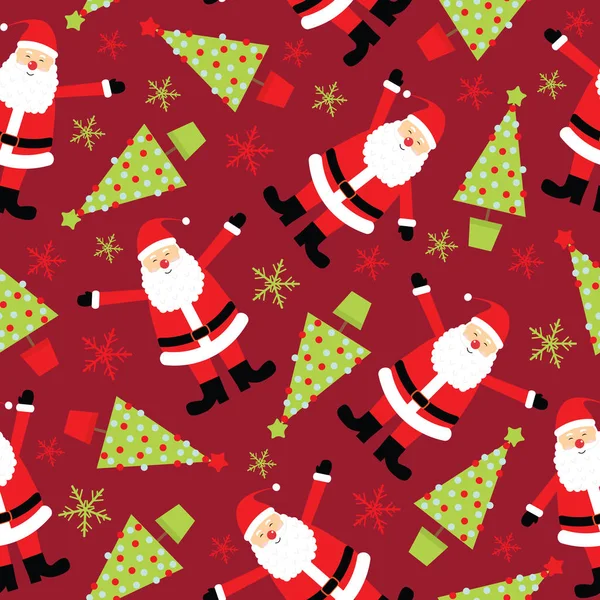 Fundo sem costura de ilustração de Natal com bonito Papai Noel e árvore de Natal no fundo vermelho adequado para papel de parede infantil, papel de sucata e cartão postal — Vetor de Stock