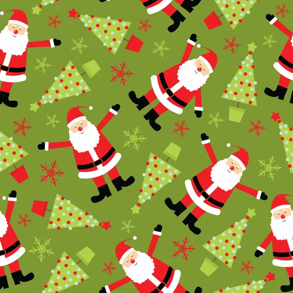 Fundo sem costura de ilustração de Natal com bonito Papai Noel e árvore de Natal no fundo verde adequado para papel de parede infantil, papel de sucata e cartão postal — Vetor de Stock