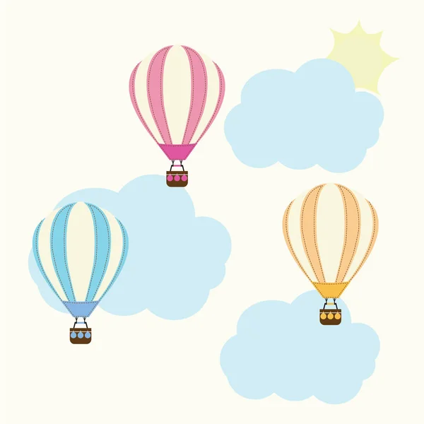 Ilustración de la ducha del bebé con el globo lindo del aire caliente en el fondo del cielo conveniente para la postal, el papel pintado, y la tarjeta de invitación de la ducha del bebé — Vector de stock