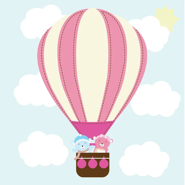 Illustration Baby Shower avec des ours mignons en montgolfière sur fond de ciel adapté pour carte postale baby shower, papier peint et carte d'invitation — Image vectorielle