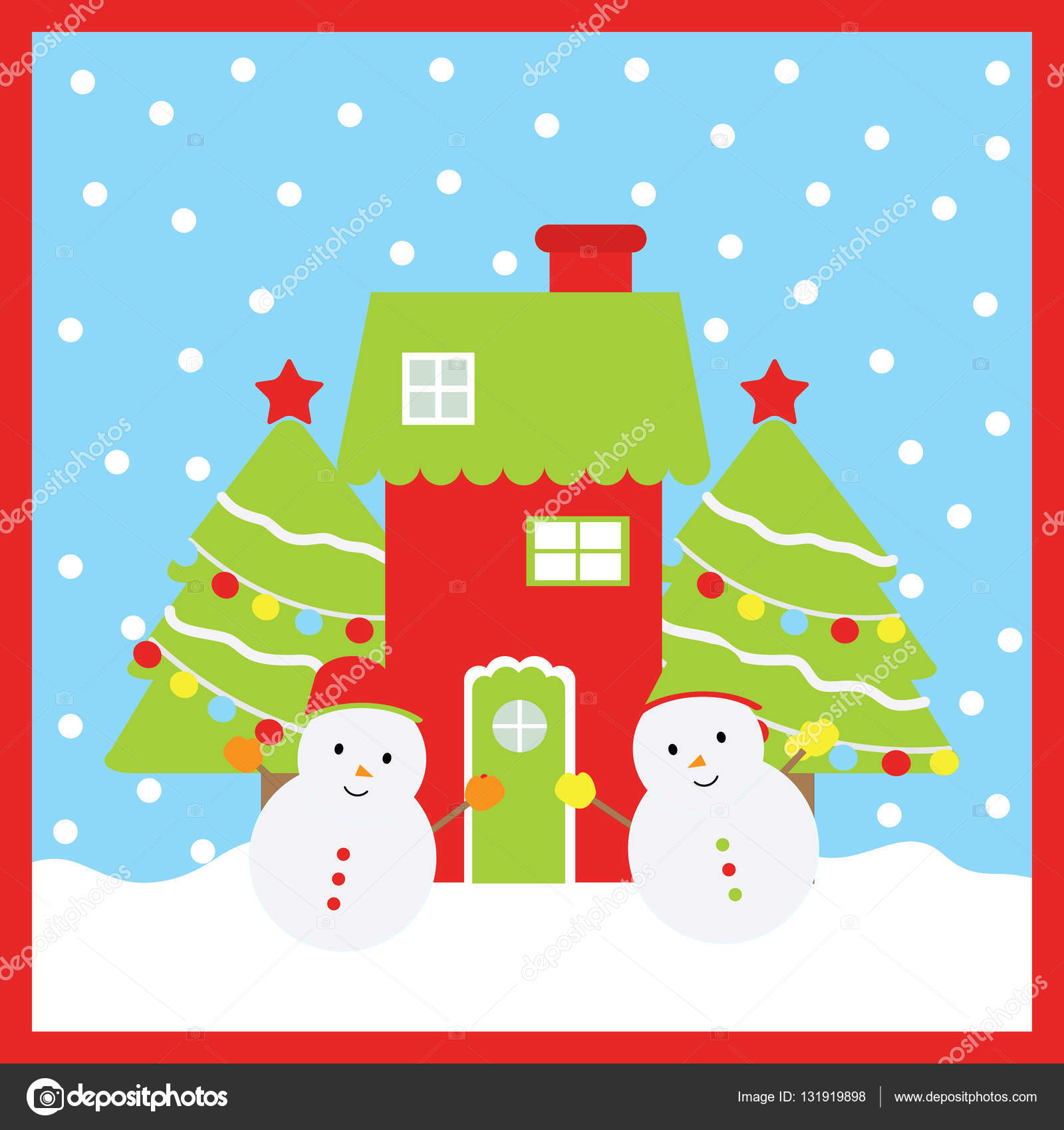 クリスマス イラストかわいい雪だるま クリスマス ツリー かわいい家の子供の壁紙 ポストカード クリスマスのグリーティング カードに適して ストックベクター C Saidi21ns 131919898