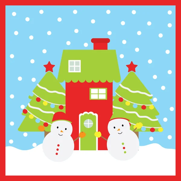 Рождественская иллюстрация с милым снеговиком, елкой и милым домом подходит для детских обоев, открыток и Рождественских открыток — стоковый вектор