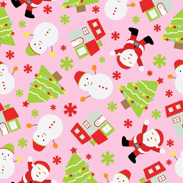 Nahtloser Hintergrund der Weihnachtsillustration mit niedlichem Schneemann, Weihnachtsmann und Weihnachtsbaum auf rosa Hintergrund geeignet für Kindertapete, Postkarte und Weihnachtsschrott — Stockvektor