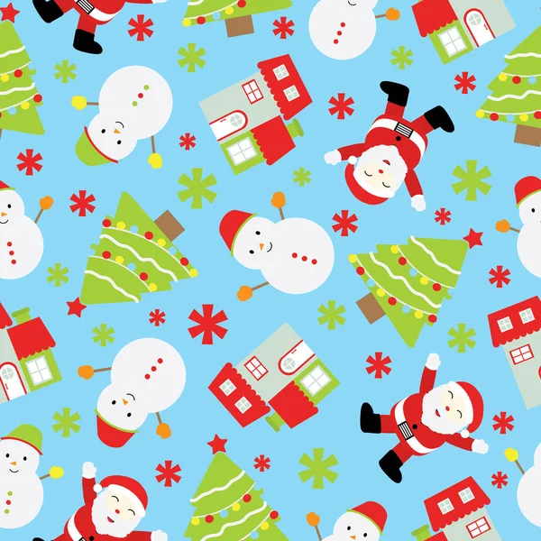 Бесшовный фон рождественской иллюстрации с милым снеговиком, Санта-Клаусом и елкой на синем фоне подходит для детского обои, открытки, и Xmas лома бумаги — стоковый вектор