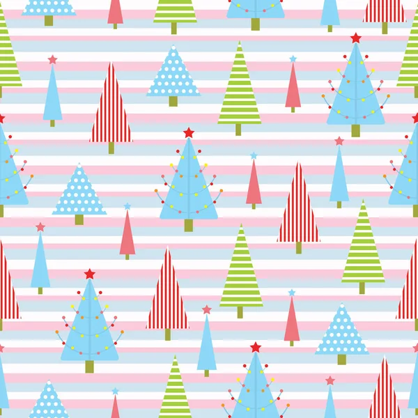 Nahtloser Hintergrund von Weihnachten Illustration mit bunten Weihnachtsbaum auf Streifen Hintergrund geeignet für Kinder Weihnachten Tapete, Altpapier und Postkarte — Stockvektor