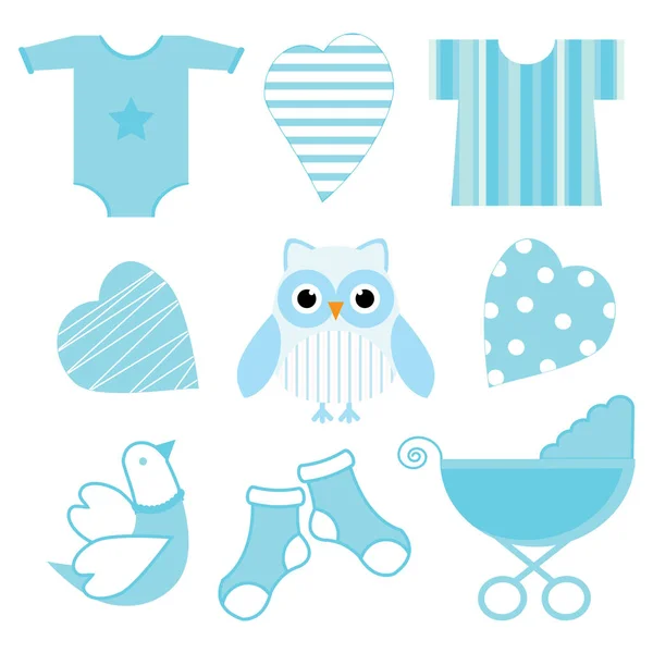 Baby shower illustration with cute blue baby owl, baby tools, and love suitable for baby boy sticker set and clip art — Stock Vector