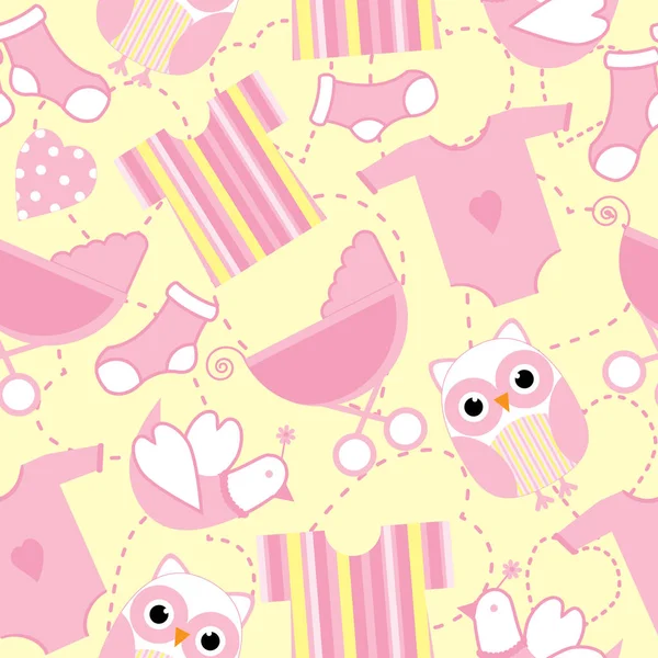 Nahtloser Hintergrund der Baby-Dusche Illustration mit niedlichen rosa Baby-Tools und Eule auf gelbem Hintergrund geeignet für Baby-Tapete, Postkarte und Altpapier — Stockvektor