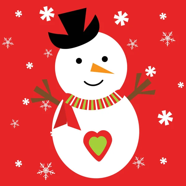 Рождественская иллюстрация с милым снеговиком на красном фоне подходит для Рождественских открыток, обоев и открыток — стоковый вектор