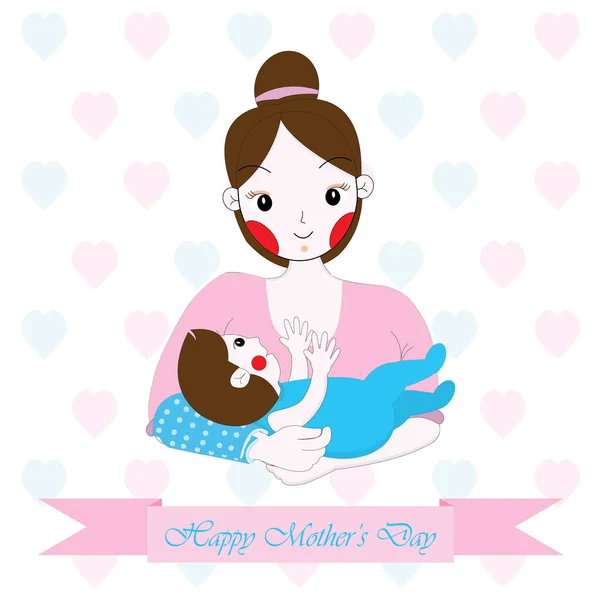 Ilustración del día de la madre con linda mamá y el bebé en el fondo de corazones adecuado para la tarjeta de felicitación del día de la madre, postal y papel tapiz — Vector de stock