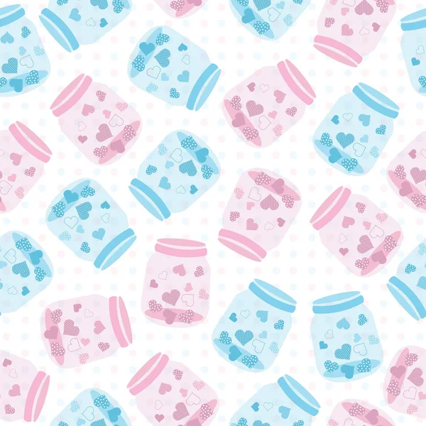 Seamless background of Valentine illustration with cute blue and pink bottle of love on polka dot background suitable for Valentine scrap paper, wallpaper and postcard