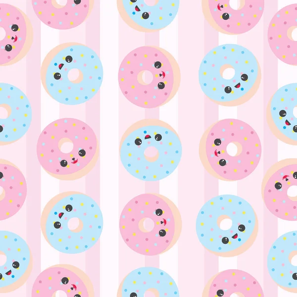 Food illustration with cute blue and pink doughnuts on stripes background suitable for wallpaper, postcard, and scrap paper — Stock Vector