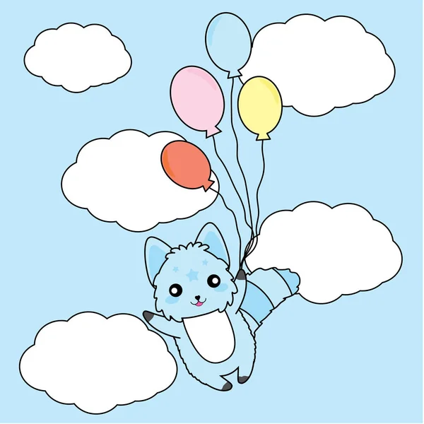 Ilustração de aniversário com bonito cão azul e balões no fundo do céu adequado para cartão de aniversário, cartão postal e cartão de convite —  Vetores de Stock