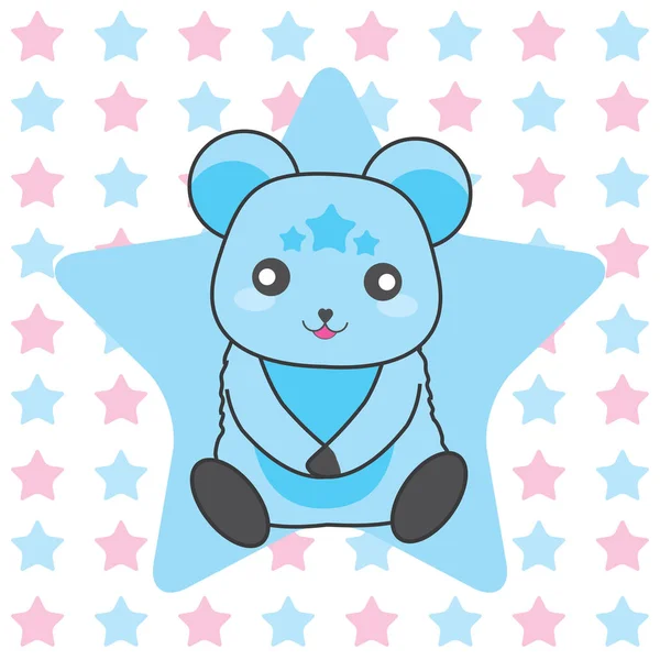 Ilustrasi ulang tahun dengan latar belakang bintang beruang biru yang lucu - Stok Vektor