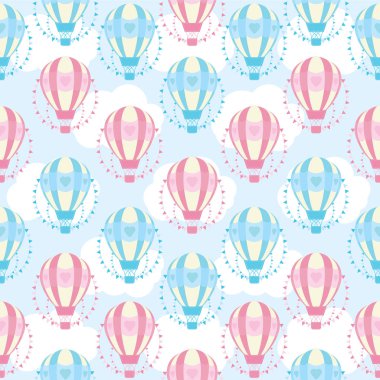 Sevgililer günü illüstrasyon mavi ve pembe sıcak hava balonu gökyüzü arka plan üzerinde ile sorunsuz arka plan