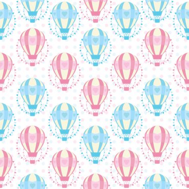 Sevgililer günü şekil polka dot zemin üzerine mavi ve pembe sıcak hava balonu ile sorunsuz arka plan 