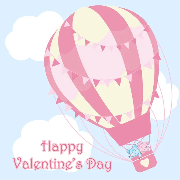 Valentin-nap aranyos pár illusztráció viseli a háttérégbolt rózsaszín hőlégballon — Stock Vector
