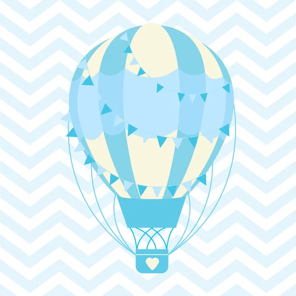Baby sprcha ilustrace roztomilé modré horkovzdušným balónem na chevron pozadí — Stockový vektor