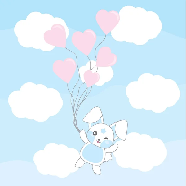 空を背景に愛の風船でかわいい青いウサギとバレンタインのイラスト — ストックベクタ