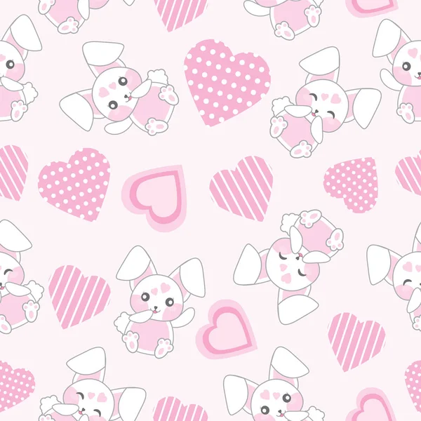 Fondo sin costuras de la ilustración del día de San Valentín con lindo conejito rosa con forma de amor sobre fondo rosa — Vector de stock