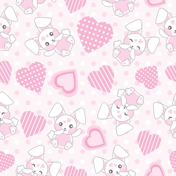 Sömlös bakgrund av alla hjärtans dag illustration med söt rosa kanin med kärlek formen på polka dot bakgrund — Stock vektor