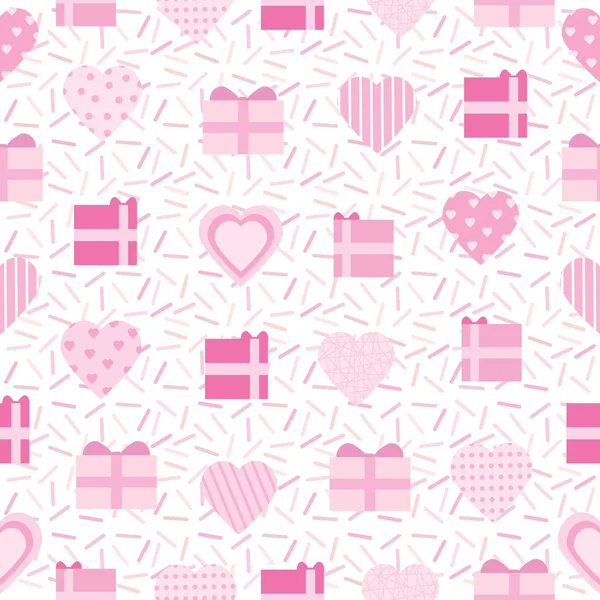 无缝背景的情人节插画粉红色爱形状与上洒上背景的礼物 — 图库矢量图片