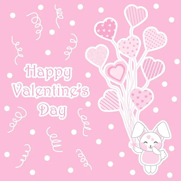 Valentine illustratie met schattige baby konijntje brengen liefde ballonnen op roze achtergrond — Stockvector
