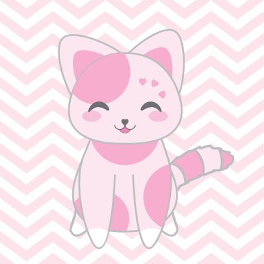 Bebek duş illüstrasyon chevron arka plan üzerinde şirin pembe kedi ile 