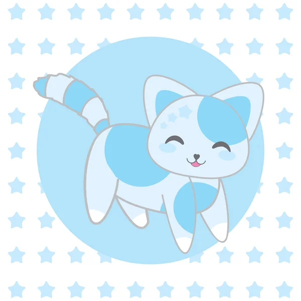 Baby shower illustration with cute blue cat on stars background — Stockvector