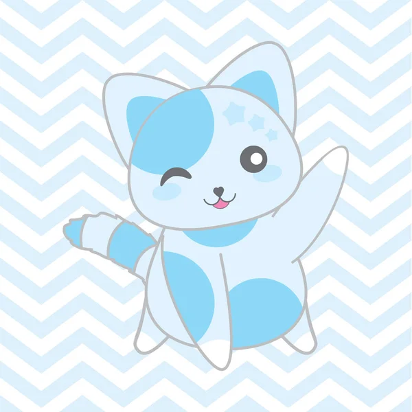 Ilustração do chuveiro do bebê com bonito azul gato no chevron fundo —  Vetores de Stock