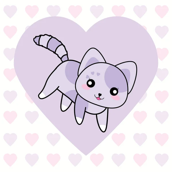 사랑 배경에서 귀여운 보라색 고양이와 발렌타인의 날 그림 — 스톡 벡터