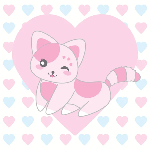 Valentinstag Illustration mit niedlichen rosa Katze auf Liebe Hintergrund — Stockvektor