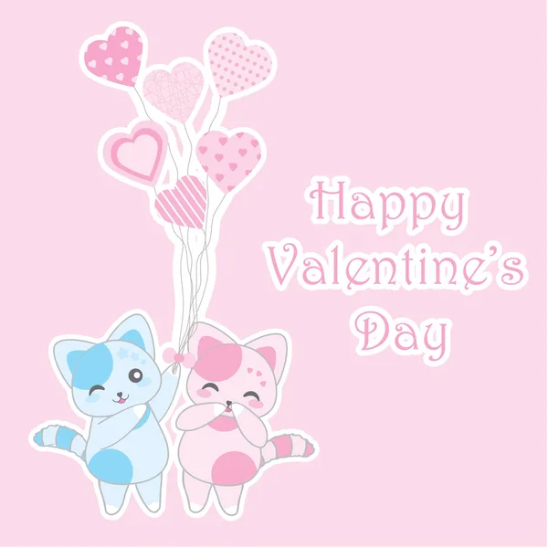 Aftelkalender voor Valentijnsdag illustratie met schattige blauwe en roze katten brengt roze hart ballonnen op roze achtergrond — Stockvector