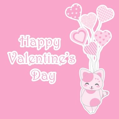 Sevgililer günü illüstrasyon şirin pembe kedi ile aşk balonlar pembe bir arka plan üzerinde getiriyor 